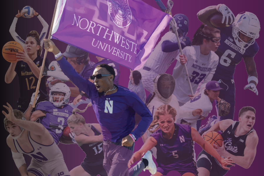 A collage of cutout figures all wearing different Northwestern uniforms.