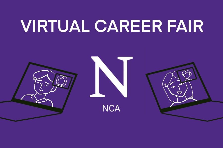 Illustration of two video calls on laptops with “Virtual Career Fair” written on top and Northwestern Career Advancement’s logo in the middle, all against a purple background.