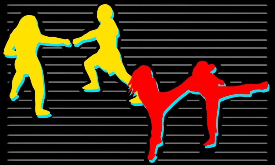 Two colorful silhouette doing karate