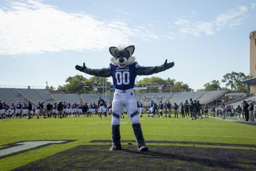 Mascot in purple jersey poses on a football field.