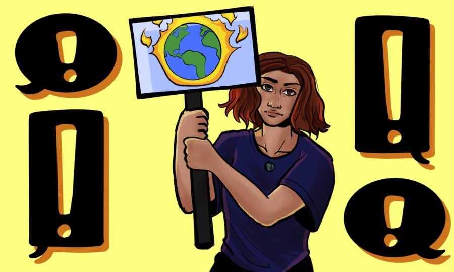 Illustration of a person holding a sign with a globe in front of a yellow background. Speech bubbles surround the person.