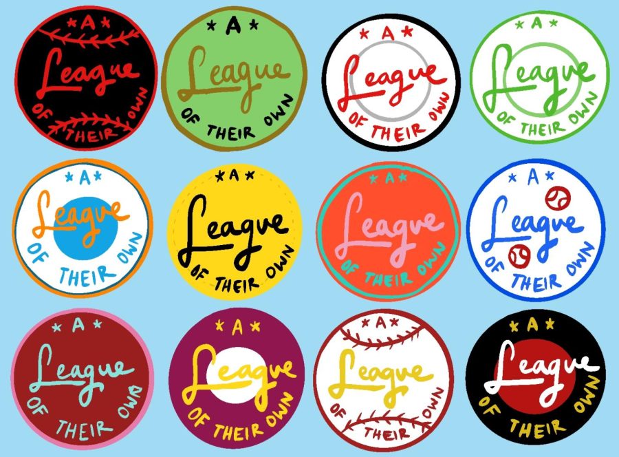 Twelve circles of different colors designed like baseballs on a blue background with “A League of Their Own” written in them.