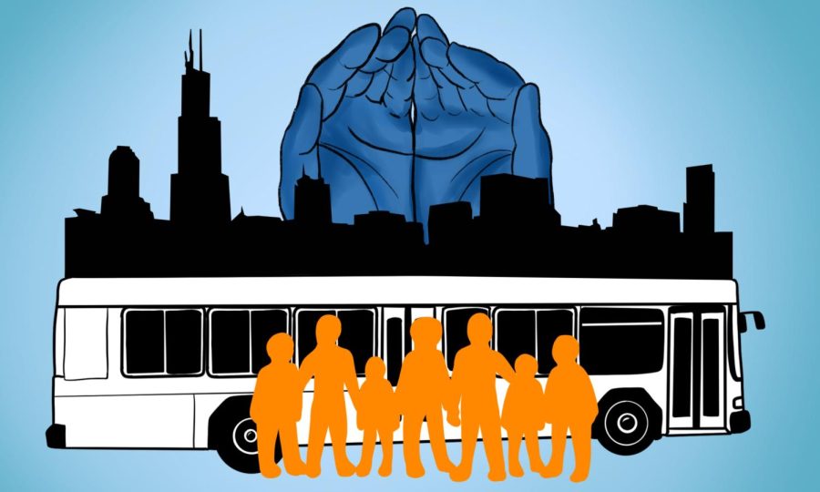 In+front+of+a+light+blue+background%2C+dark+blue+hands+cradle+a+silhouette+of+the+Chicago+skyline%2C+which+lies+behind+a+black-and-white+bus+and+a+group+of+orange+individuals+holding+hands.