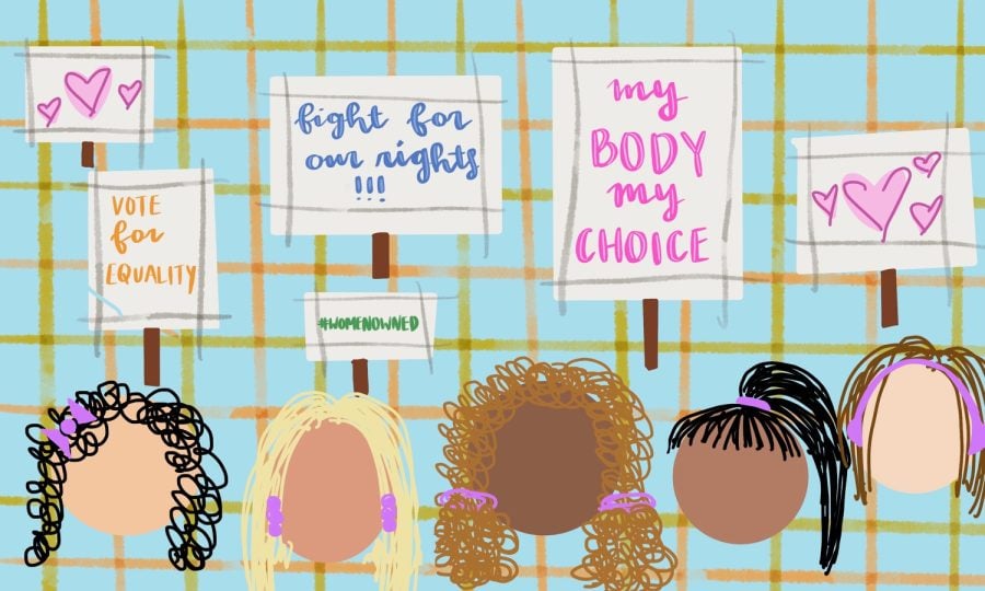 Graphic of five women with pro-abortion protest signs.