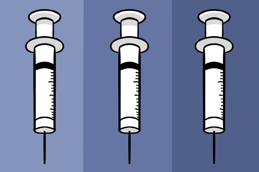 Three vaccine needles pointed vertically on three shades of blue backgrounds.