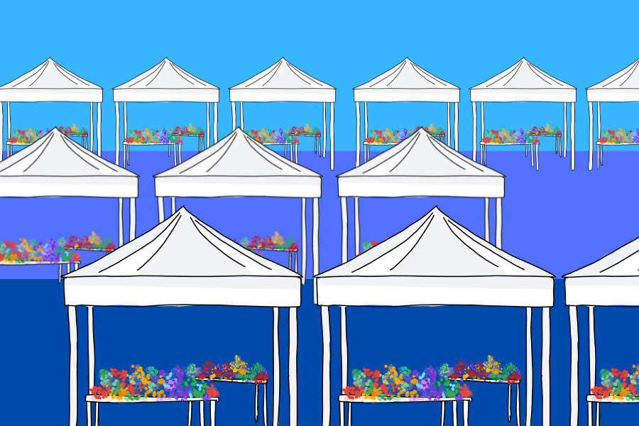 Three rows of white tents with multicolored dots underneath.