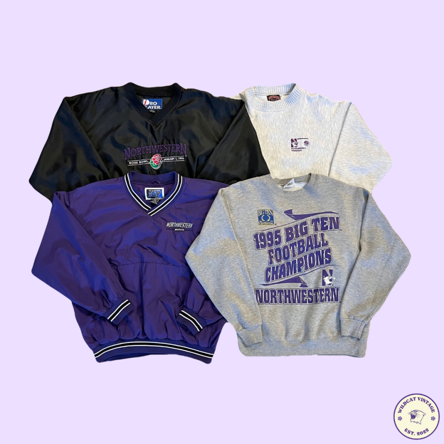 Four pieces of clothing, including two gray crewnecks and one black and one purple windbreaker, against a light purple background.