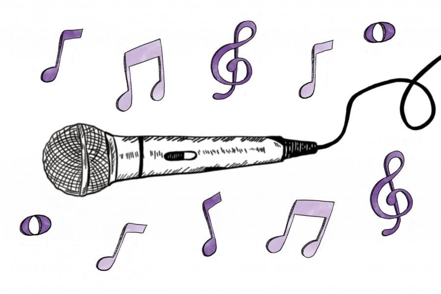 Purple and white illustration of a microphone with music notes and treble clefs.