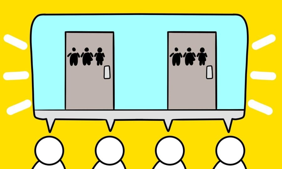 two+doors+featuring+non-binary+figures+in+a+thought+bubble+above+four+people.