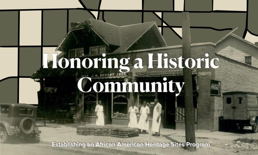 A slide that reads “Honoring a Historic Community” with an old brick building behind the text and a map of Evanston in the background.