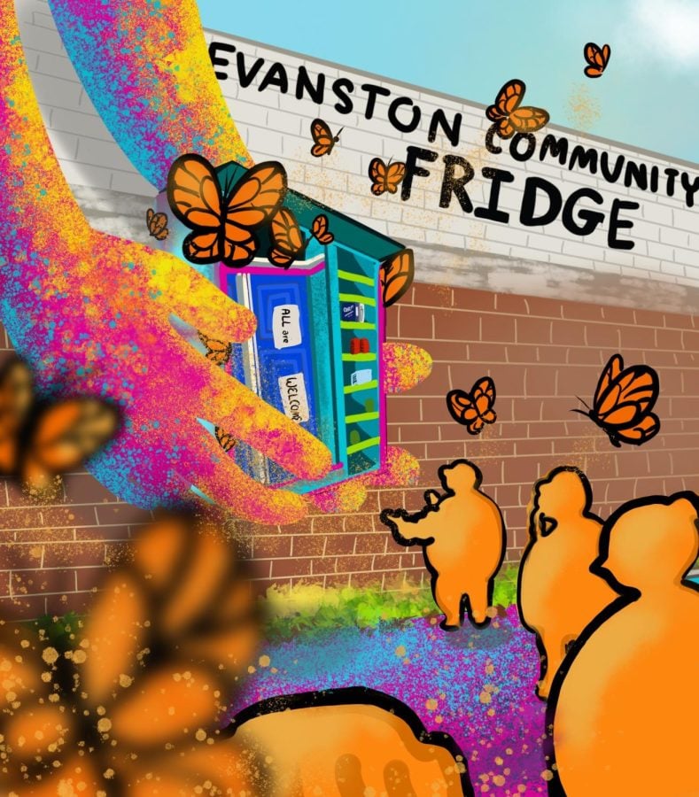 Hand holding a fridge in front of a brick wall, which reads “Evanston Community Fridge.”
