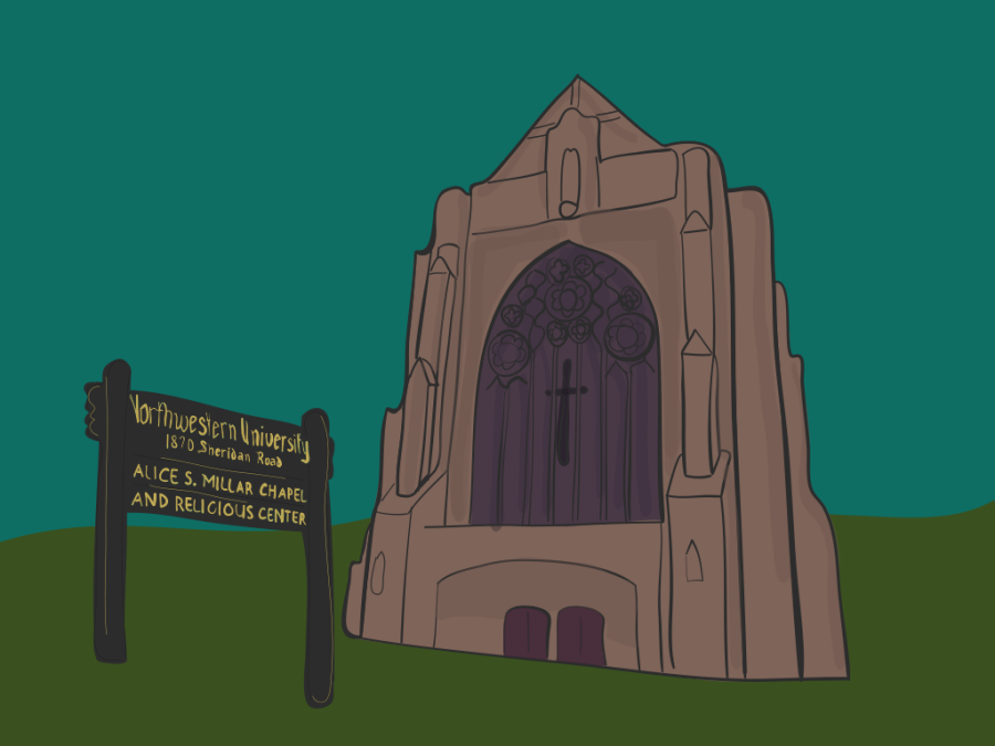 Illustration of the outside of a church.
