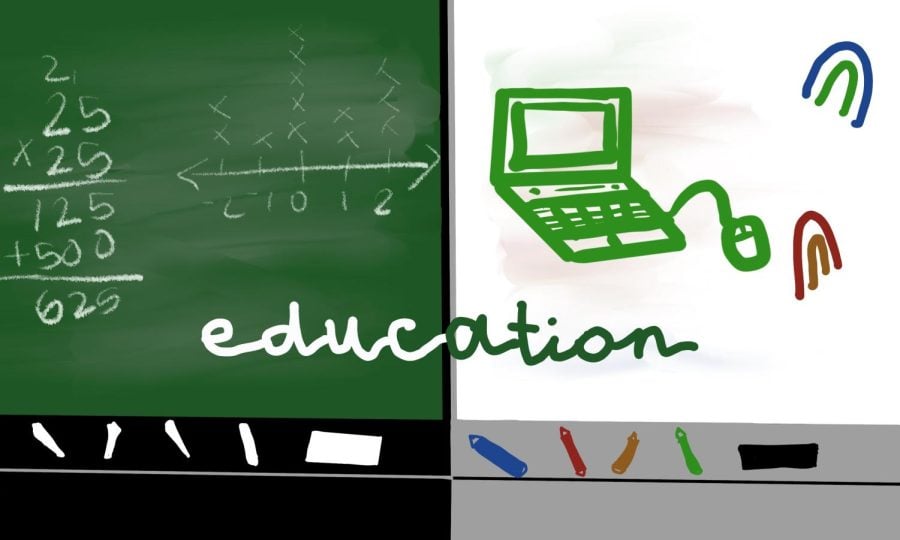 A chalkboard and doodles of a computer, with the word “education” written underneath.