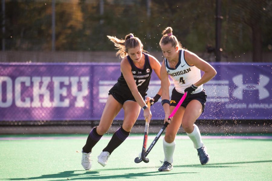 Two athletes with field hockey sticks hit a ball.