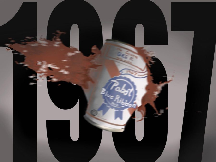 A beer can with liquid coming out of it in front of a gray background with big numbers reading 1967.