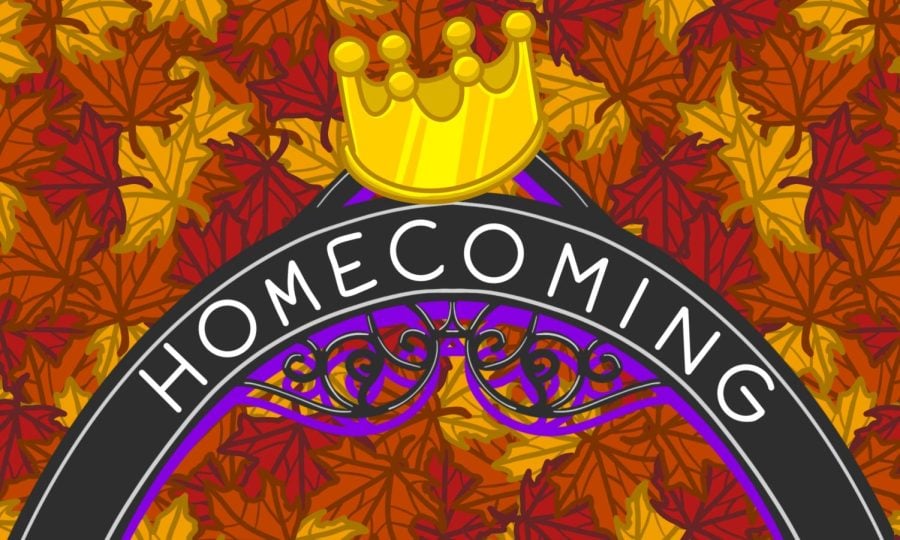The Arch with autumn leaves in the background and a homecoming sign and crown on top.