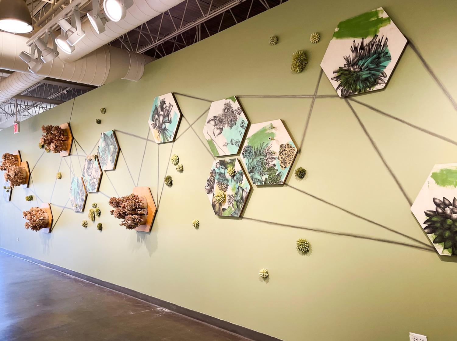 A+light+green+wall+with+hexagonal+canvases+with+paintings+of+flora+on+them.