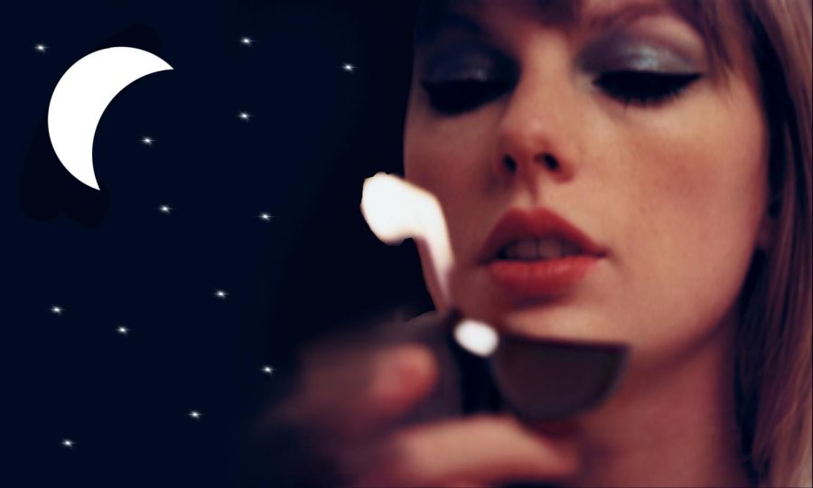 A close-up of Taylor Swift’s face, with blue sparkly eyeshadow, blowing a lighter in front of a black background with a white moon and stars.