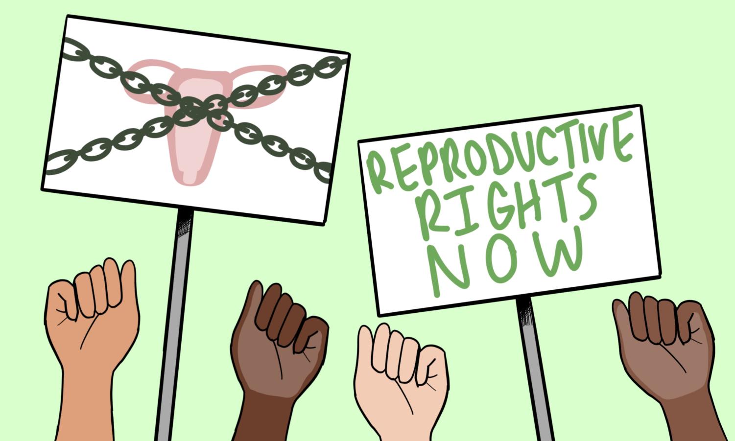 Illustration+of+two+abortion+rights+signs+with+fists+raised+upward+against+a+green+background.