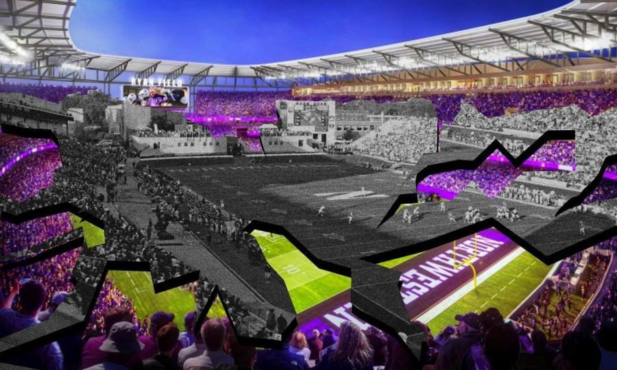 Illustration of the proposed Ryan Field redesign with black-and-white fragments of the old Ryan Field overlaid on top.