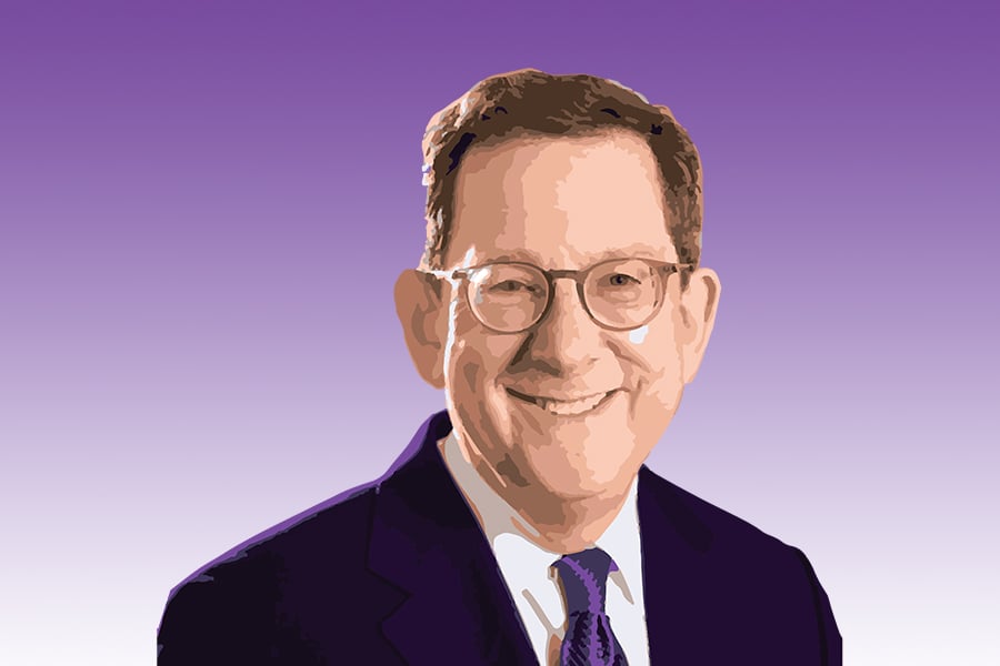 An illustration of a man in a suit and tie with a purple background.