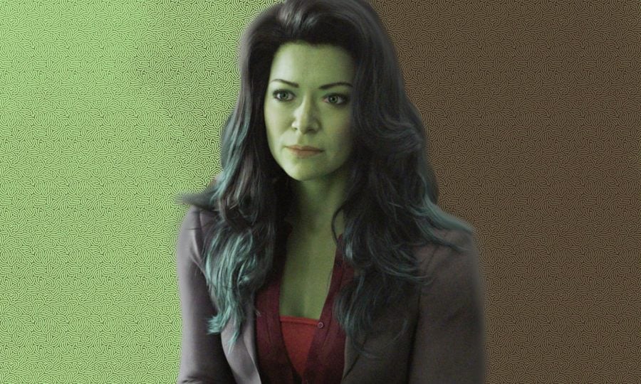 She-Hulk stands in front of a green and brown background.