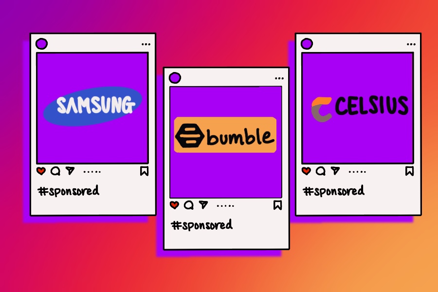 Three social media pages that include the logos of Bumble, Samsung, and Celsius, against a warm-color backdrop.