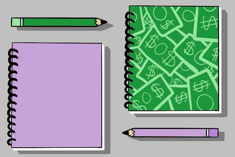 Two notebooks, one of which is green and drawn with money on top, and two pencils.