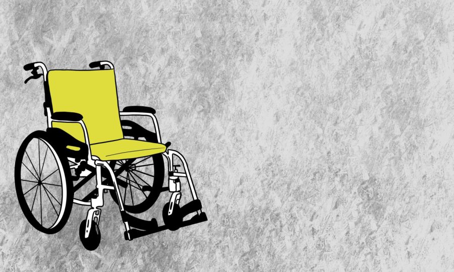 An illustration of a yellow wheelchair on a gray background.