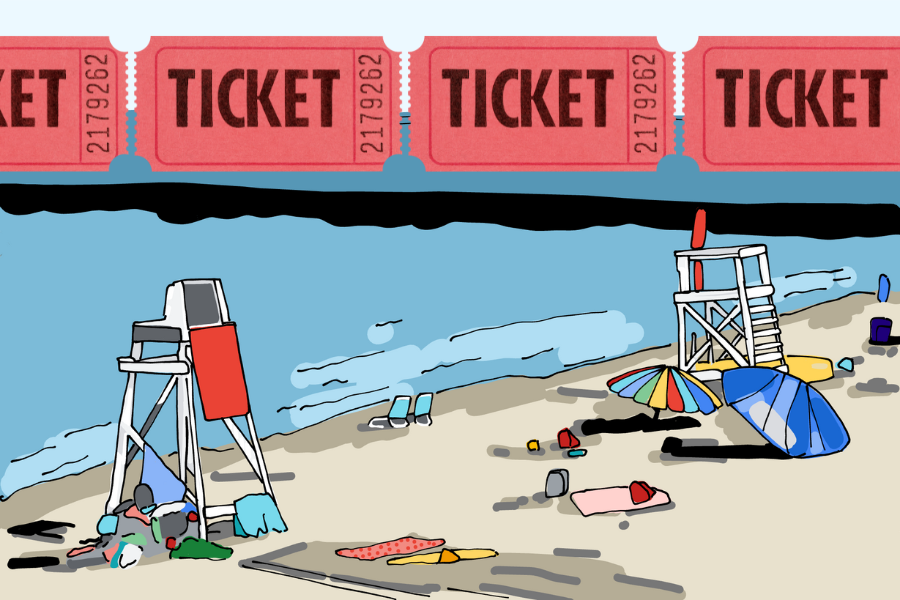 an+illustration+of+a+beach+with+two+lifeguard+chairs%2C+towels%2C+and+beach+umbrellas.+There+are+red+admission+tickets+at+the+top+of+the+photo.