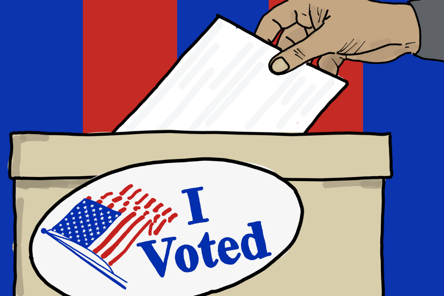 Illustration of a hand dropping a ballot into a box with an “I Voted” sticker.