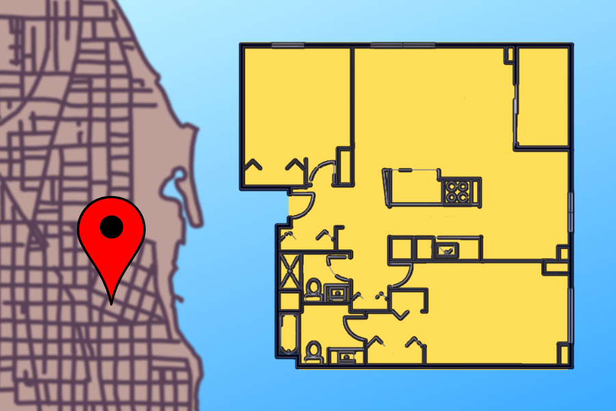 An aerial layout of an apartment next to a map of Evanston, which is overlaid by a red pin.