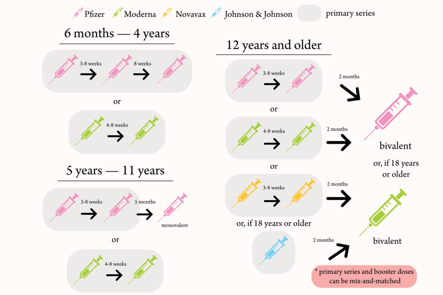 A graphic showing the eligibility across age groups for vaccines from different providers.