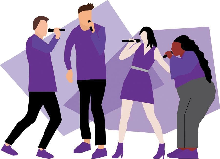 Four people wearing purple sing into microphones in front of a geometric background.