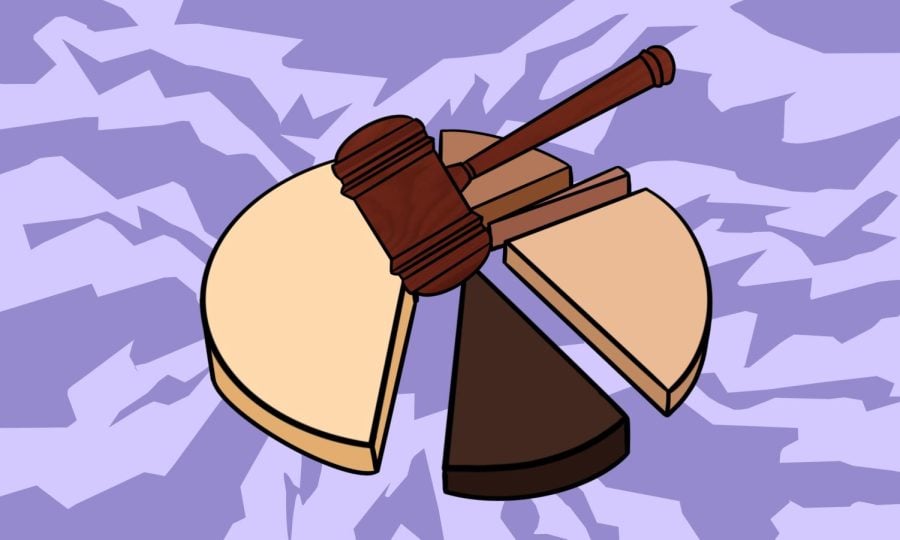 A gavel strikes down on a pie chart of different skin tones with different shades of purple in the background.