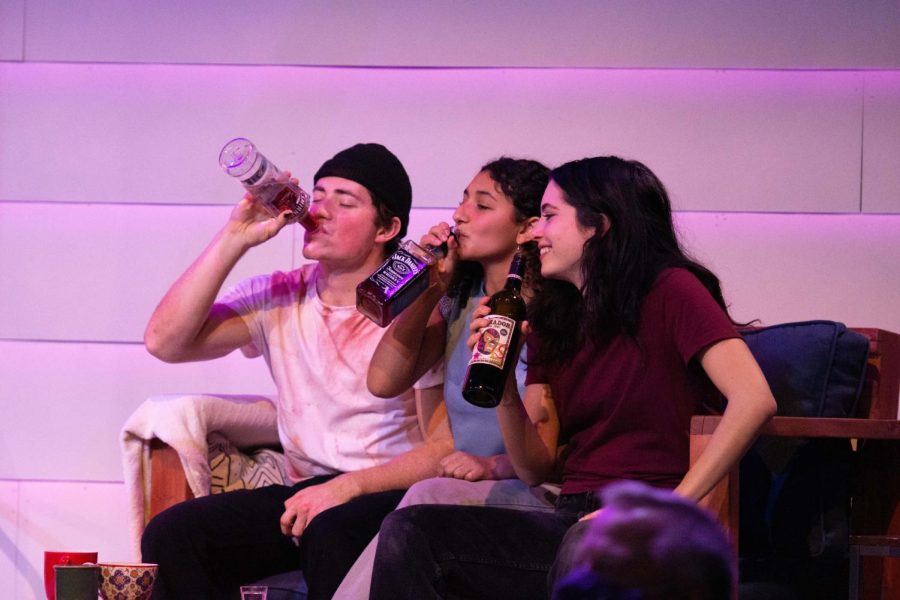 Three actors drink fake beers.