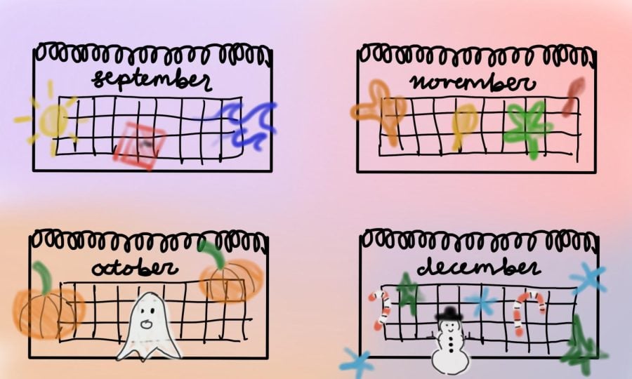 Four+monthly+calendars+for+September%2C+October%2C+November+and+December+are+displayed+over+a+pastel+gradient.+A+sun+and+wave+are+drawn+over+the+September+calendar%2C+leaves+are+drawn+over+November%2C+pumpkins+and+ghosts+are+drawn+over+October+and+a+snowman%2C+snowflakes%2C+Christmas+tree+and+candy+canes+are+drawn+over+December.