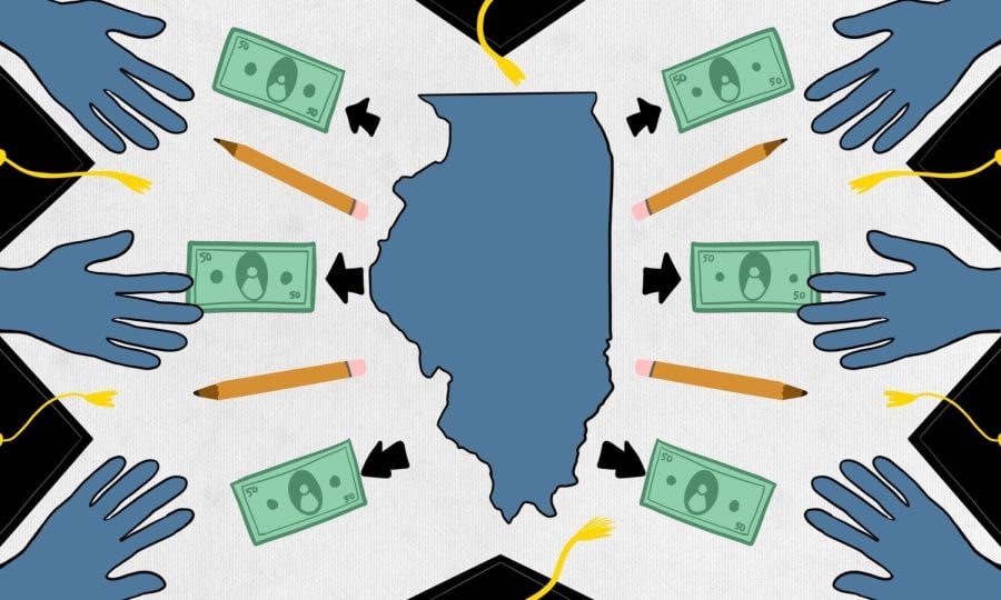A blue illustrated Illinois with money and pencils coming out of it.