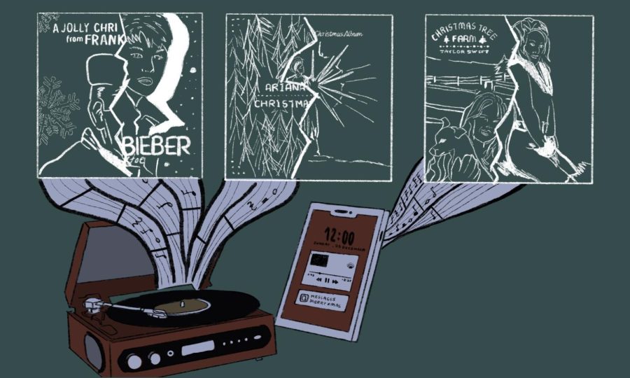 A vinyl record player and smartphone play music on forest green background connected to album covers with wavy music staffs.