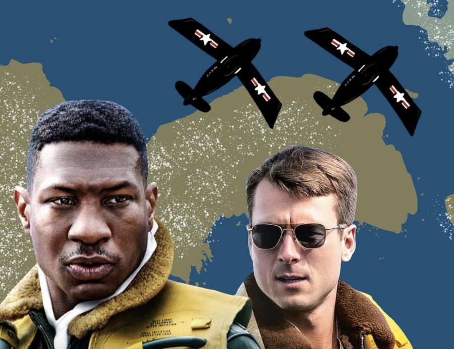Two fighter pilots look forward as two black planes with white stars and red and white stripes fly over a map with olive green land and blue water.