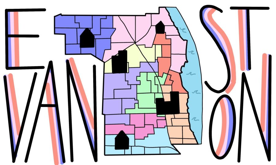 A map of Evanston with the wards all in different colors. Black silhouettes of houses are placed throughout the map. The map is in the middle of the word “Evanston.”