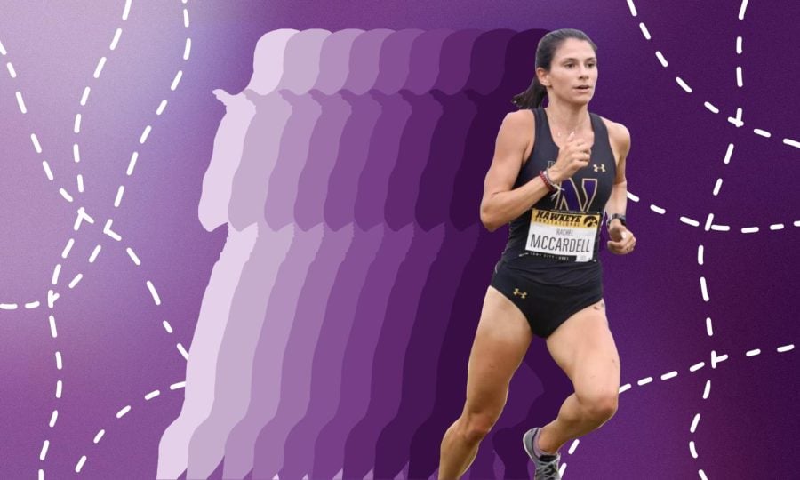 A girl in a black jersey with an N on it runs in a purple background illustration