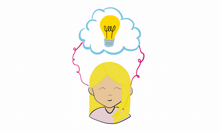 A blond girl in a pink shirt with a light bulb over her head.