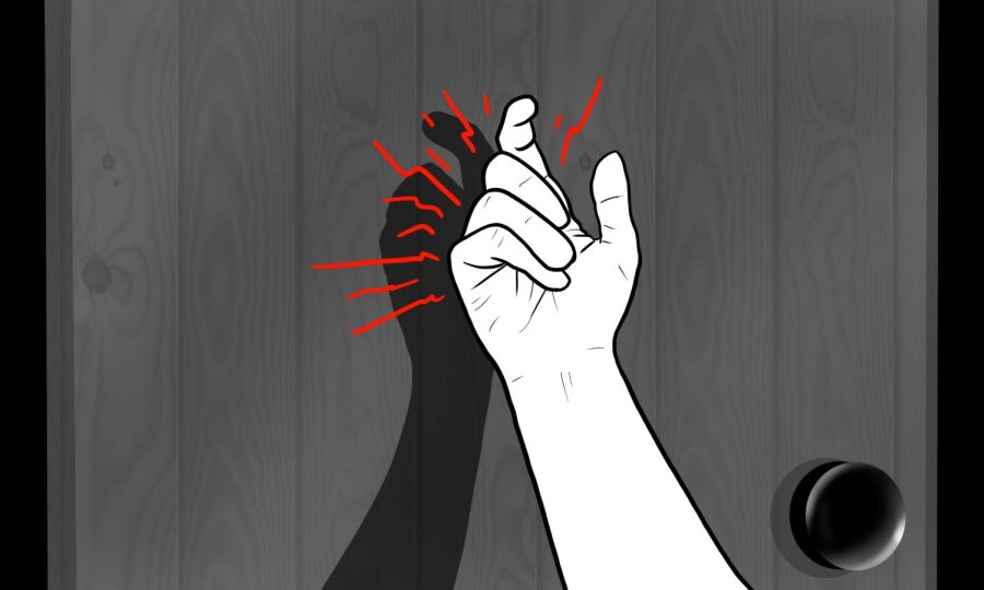 An illustration of a hand knocking on a wooden door, with red rays emerging from the fist.