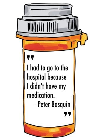 An orange and gray pill bottle with a quote written on the label. The quote says "I had to go to the hospital because I didn't have my medication." -- Peter Basquin