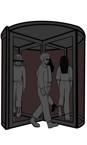 People with lines over their eyes walk around a revolving door. The lighting is dark.