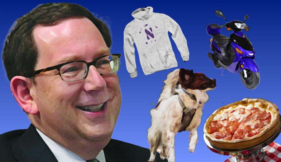 President Michael Schill looks at a gray Northwestern sweater, a blue moded, his dog Max and some deep dish pizza. These items are all on top of a gradient blue background.