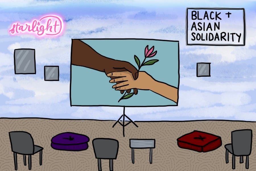 An illustration of a performance space. Two hands exchange a flower on a whiteboard, and a sign reads “Black and Asian Solidarity.”