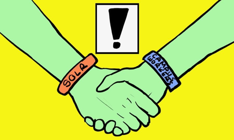 An illustration of two green arms holding hands. One wears an orange wristband with the word “SOLR,” and the other wears a blue wristband with the words “Campus Workers.” A white box with a black exclamation mark in it is in the middle of the illustration.