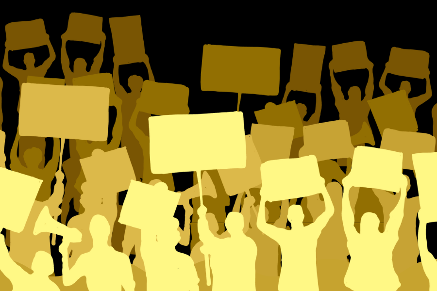 An illustration of yellow silhouettes carrying blank rectangular signs.